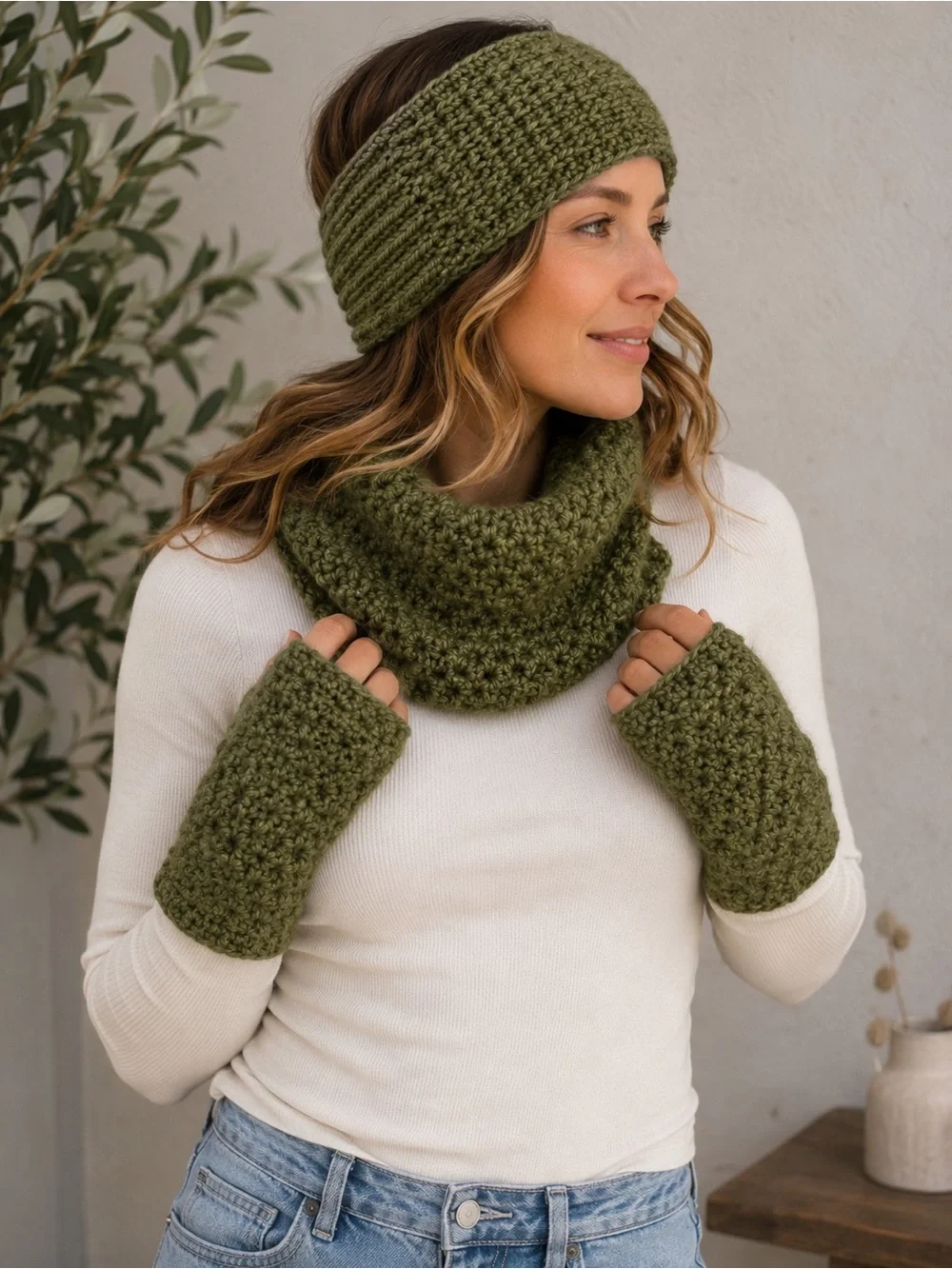 Handmade Olive green 3 Piece Knit Set